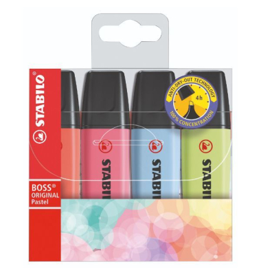 Textmarker BOSS ORIGINAL Pastel, 70/4-3, Etui, 4-farbig sortiert, 2-5mm Keilspitze