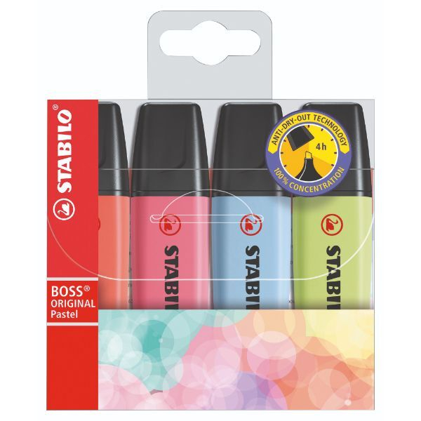 Stabilo Textmarker BOSS ORIGINAL Pastel, 70/4-3, Etui, trübes blau/limette/milde koralle/kirschblütenrosa, 2-5mm Keilspitze 400638155819 4 Stück