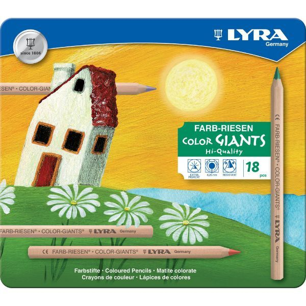 LYRA Color-Giants Buntstifte unlackiert Metalletui 18 sortierte Farben | Holzbuntstifte, sechskant, Mine 6,3mm, natur
