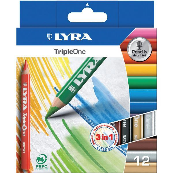Lyra Triple One L3641121 Buntstifte,12 Stück | Holzbuntstifte, dreikant, lackiert, Mine 6,3mm, sortierte Farben, Wachskreide, Aquarellstift