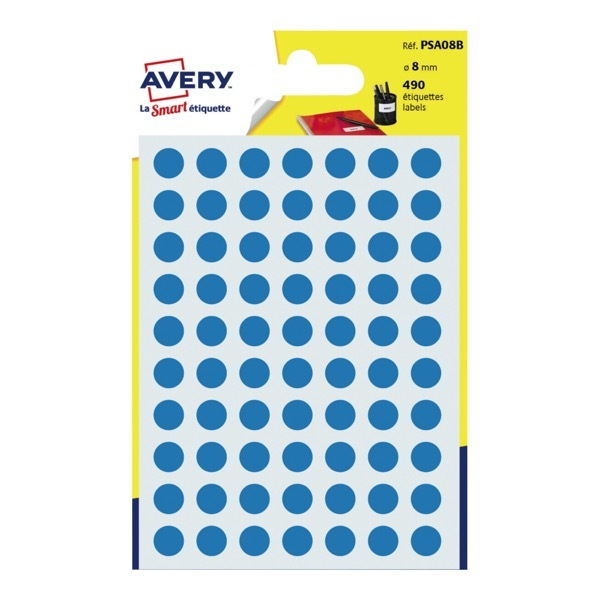 5014702026287 - - Packung mit 6 Bögen runder blauer gummierter Etiketten mit 8 mm Durchmesser psa08b