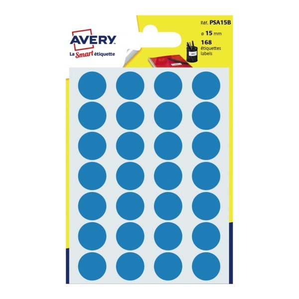 5014702026348 - - Packung mit 7 Blatt runden blauen gummierten Etiketten mit 15 mm Durchmesser psa15b