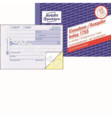 Einnahme-Ausgabebeleg Avery Zweckform 1755, A6 quer, fälschungs, 2x40 Bl Einnahme-Ausgabebeleg Einnahme-Ausgabebeleg Avery Zweckform 1755, A6 quer, fälschungs, 2x40 Bl Einnahme-Ausgabebeleg
