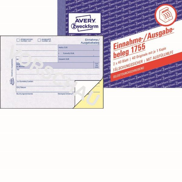 4004182201626 - Einnahme-Ausgabebeleg Avery Zweckform 1755 A6 quer fälschungs 2x40 Bl Einnahme-Ausgabebeleg 4004182201626 AVERY Zweckform 4004182201626 - Einnahme-Ausgabebeleg Avery Zweckform 1755 A6 quer fälschungs 2x40 Bl Einnahme-Ausgabebeleg 4004182201626 AVERY Zweckform