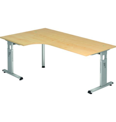 Schreibtisch, manuell höhenverstellbar, 65-85cm (H), 200x120cm (BxT), L-Form, ahorn / silber
