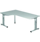 Schreibtisch, manuell höhenverstellbar, 65-85cm (H), 200x120cm (BxT), L-Form, grau / weißaluminium