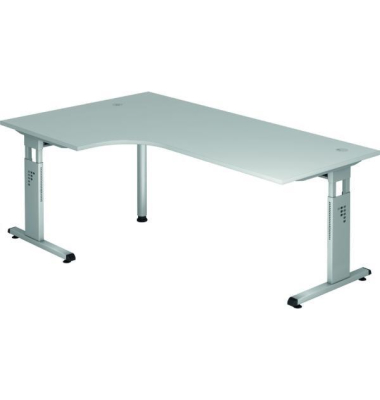 Schreibtisch, manuell höhenverstellbar, 65-85cm (H), 200x120cm (BxT), L-Form, grau / weißaluminium