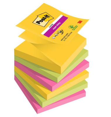 Haftnotizen R3306SR,  Super Sticky Z-Notes, 76x76mm, farbig sortiet (gelb/pink/gr&uuml;n), quadratisch