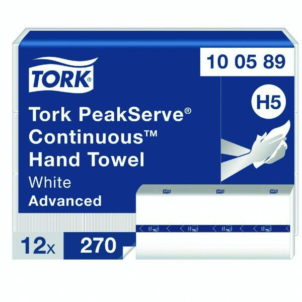 7322540885583 - Tork® Papierhandtücher PeakServe® Endlos™ H5 100589 1-lagig geprägt FSC®-Papier 12 Pack á 270 Blatt (3240 Tücher) weiß