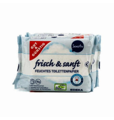 Toilettenpapier feucht, frisch & sanft Sensitiv, ohne, 398001, 1-lagig, weiß, 70 Blatt / Packung,