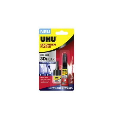 Sekundenkleber UHU 45480, 3D Filler, Blister 3g + 9g, ultra stark Sekundenkleber UHU 45480, 3D Filler, Blister 3g + 9g, ultra stark