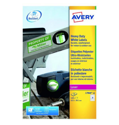 Avery Etiketten L7060-20, Polyester, 63,5 x 38,1 mm, weiß Avery Etiketten L7060-20, Polyester, 63,5 x 38,1 mm, weiß
