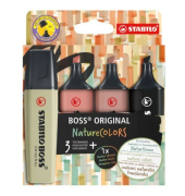 Textmarker STABILO BOSS ORIGINAL NatureCOLORS, EO70/4-2-3, Etui, 4-farbig sortiert, 2-5mm Keilspitze