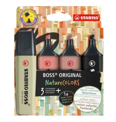 Textmarker STABILO BOSS ORIGINAL NatureCOLORS, EO70/4-2-3, Etui, 4-farbig sortiert, 2-5mm Keilspitze