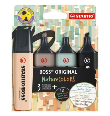 Textmarker STABILO BOSS ORIGINAL NatureCOLORS, EO70/4-2-5, Etui, 4-farbig sortiert, 2-5mm Keilspitze