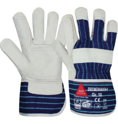 Arbeitshandschuhe Bremerhaven V, Leder, natur/blau, Gr&ouml;&szlig;e 10 / XL