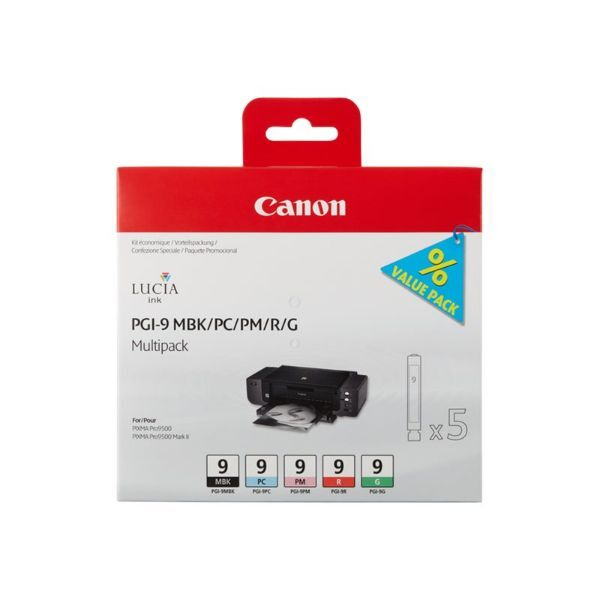 Canon Druckerpatrone 1033B013 (kompatibel zu Canon Pixma Pro 9500), cyan/rot/magenta/schwarz/grün, ca. 150 Seiten 8714574564357 Canon 5 Stück