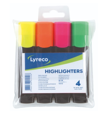 Textmarker HY2376-4, Etui, pink, gelb, orange, grün, groß Keilspitze