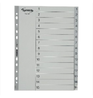 Kunststoffregister 30036, 1 bis 15, A4, graue Taben, 15-teilig