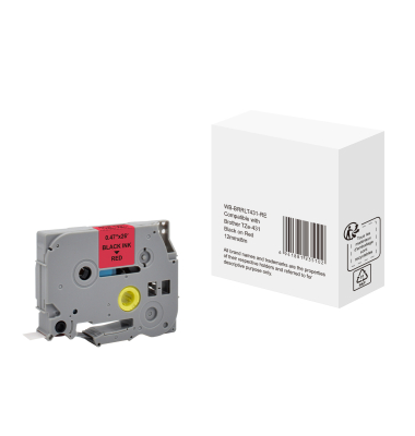 Schriftband TZE-431, 12mm x 8m, schwarz/rot, laminiert, kompatibel zu P-touch TZe-431