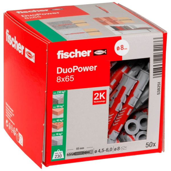 4048962262186 - fischer DuoPower 8x65 2K 538251 Universaldübel-Sortiment Ø 8 mm x 65 mm 50 Stück