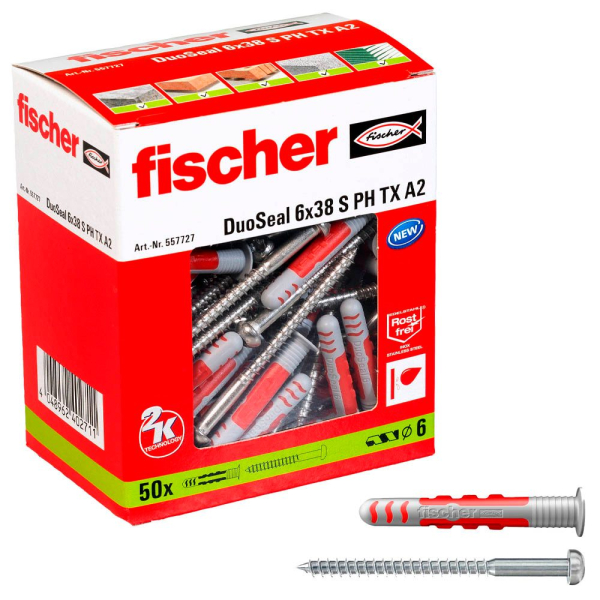 4048962402711 - fischer DuoSeal 6x38 S PH TX A2 2K 557727 Dübel mit Schrauben Ø 6 mm x 38 mm 50 Stück