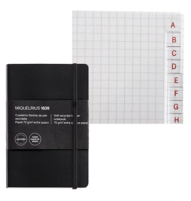 Notizbuch A041990, Leather, schwarz, kariert, 70,g