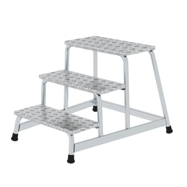 4031405500099 - Munk Arbeitspodest Aluminium verschweißte Rohrkonstruktion Warzenblechstufen rutschfest Bis 150 kg Trittfläche B 550 x T 300 mm 3-stufig