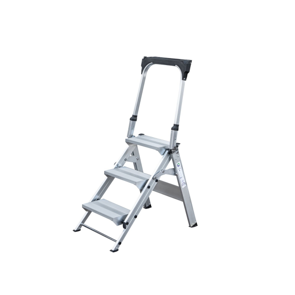 4031405531031 - Munk Klapptreppe Aluminium stabiler Doppelholm rutschfeste Kunststoffschuhe klappbare Haltebügel mit Ablageschale max 150 kg Trittfläche 360 x 205 mm 3 Stufen