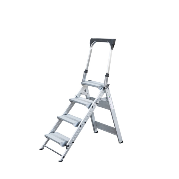 4031405531048 - Munk Klapptreppe Aluminium stabiler Doppelholm rutschfeste Kunststoffschuhe klappbare Haltebügel mit Ablageschale max 150 kg Trittfläche 360 x 205 mm 4 Stufen