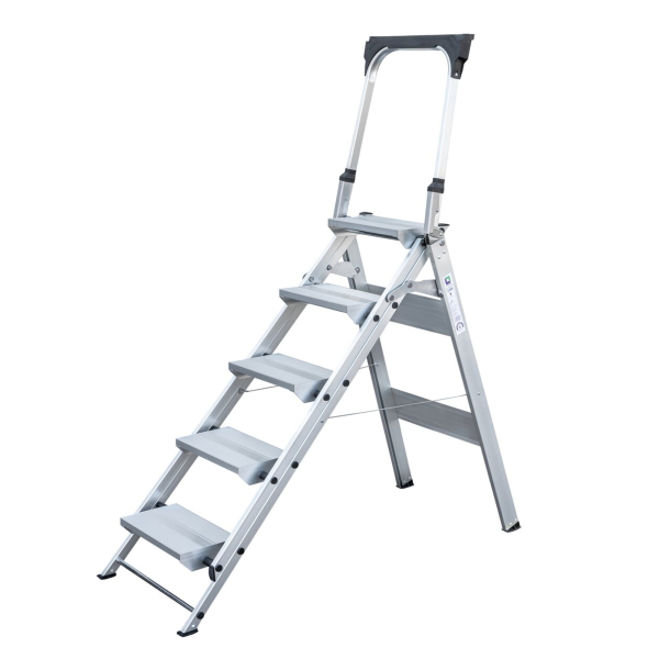 4031405531055 - Munk Klapptreppe Aluminium stabiler Doppelholm rutschfeste Kunststoffschuhe klappbare Haltebügel mit Ablageschale max 150 kg Trittfläche 360 x 205 mm 5 Stufen