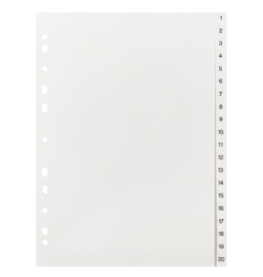Kunststoffregister 219, 1 bis 20, A4, 0,12 mm, wei&szlig;