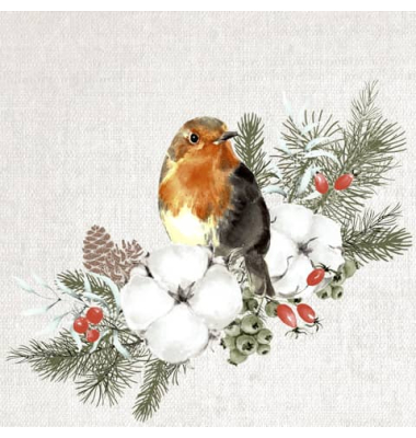 Weihnachtsservietten 207474, mehrfarbig / Rotkelchen auf Zweig, 3-lagig, 25x25cm
