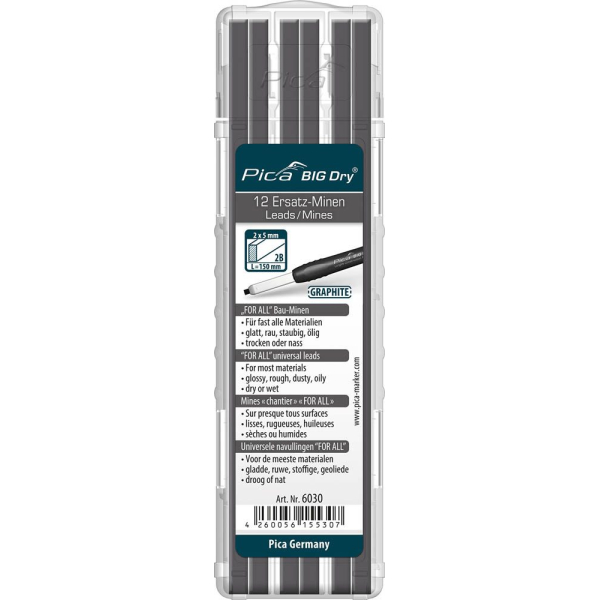 4260056155307 - Big Dry For All Bleistiftminen für Zimmermannsbleistift mit Druckmechanismus grau 2B 20 - 50 mm 4260056155307 12 Stück 4260056155307 - Big Dry For All Bleistiftminen für Zimmermannsbleistift mit Druckmechanismus grau 2B 20 - 50 mm 4260056155307 12 Stück