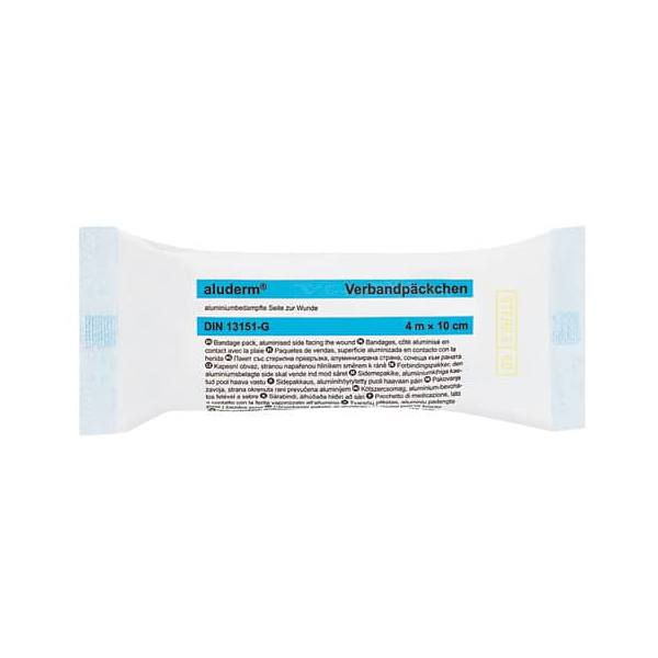 4250108803300 - aluderm ® Verband 10 cmx4 m (BxL) ® 10 cm x 4 m (B x L) Maße Kompresse 12 x 10 cm (B x L) Polyestervlies aluminiumbedampft