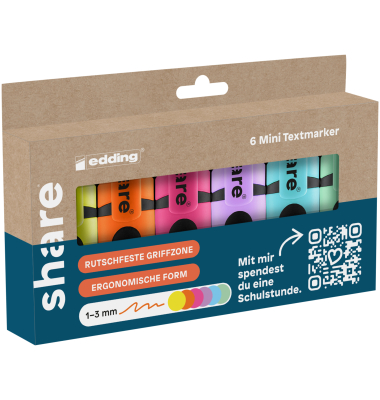 Textmarker made by edding, 4-0021-6-1000, neongelb, neonorange, neonpink, pastellviolett, pastellblau, pastellgrün, 1-3mm Keilsp