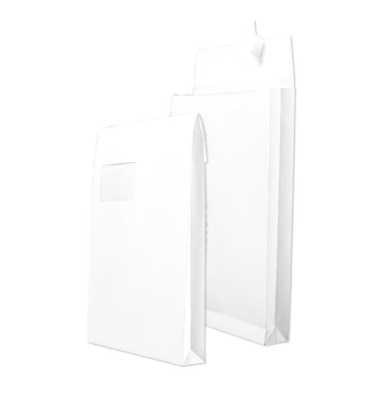 Faltentaschen, C4, mit Fenster, haftklebend, 40mm-Falte, 140g, weiß