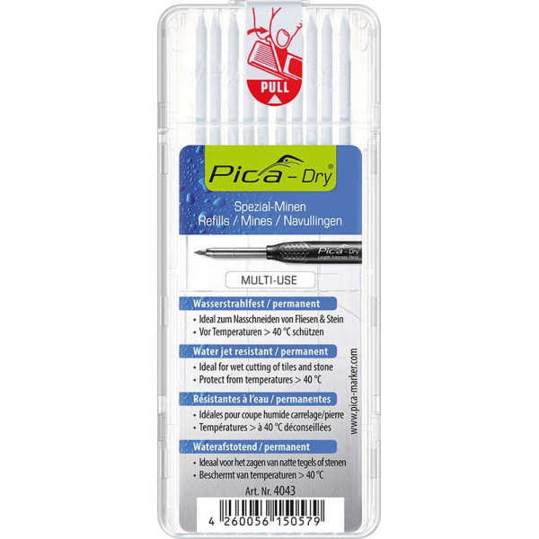 4260056150579 - Dry Wasserstrahl Ersatzminen für Tieflochmarker-Bleistift weiß 28 mm 4260056150579 10 Stück 4260056150579 - Dry Wasserstrahl Ersatzminen für Tieflochmarker-Bleistift weiß 28 mm 4260056150579 10 Stück