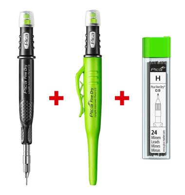 Bleistift-Set Fine Dry Tieflochmarker, 70705, H&auml;rte H, 0,9mm, schwarz/gr&uuml;n, mit Radiergummi