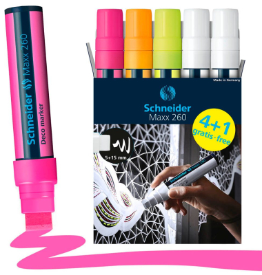 4 + 1 GRATIS: Schneider Maxx 260 Kreidemarker farbsortiert 5,0 - 15,0 mm + GRATIS