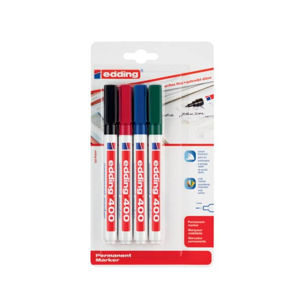 10 Stück Edding Permanentmarker Permanentmarker, 400-4-4999, Packung, 4-farbig sortiert, 1mm Rundspitze 4004764796977 Edding 4 Stück