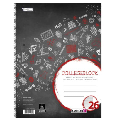 Collegeblock 100050572, Schule, Lineatur 26 / kariert mit weißem Rand, A4+, 70g, schwarz, 80 Blatt