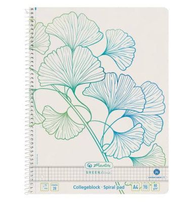 Collegeblock 50033485 GREENline Ginkgo, Ginkgo, Lineatur 28 / kariert mit Rand innen/außen, A4, 80g, weiß, 70 Blatt