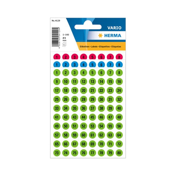 10 x HERMA Zahlen 8mm 1-160 selbstklebend Papier schwarz auf farbig so