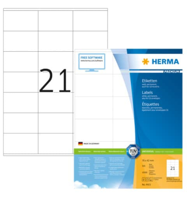 Etikett 70x42mm weiss PREMIUM A4 10500Et 500Bl 21Et Bl LaserInkCopy,