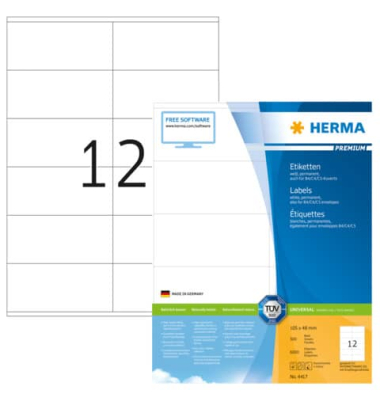 Etikett 105x48mm weiss PREMIUM A4 6000Et 500Bl 12Et Bl LaserInkCopy