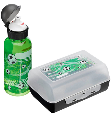 Brotdose Fu&szlig;ball, 518140, transparent/gr&uuml;n/schwarz, Fu&szlig;ball, 1 Set, Trinkflasche: 0,4 L Brotdose ca.1 L
