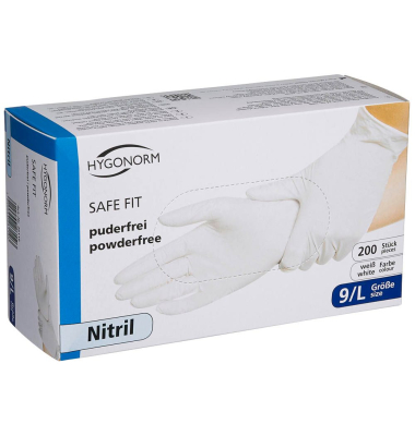 Einweghandschuhe Hygonorm Safe Fit, Nitril, lebensmittelecht, weiß, Größe 9 / L,