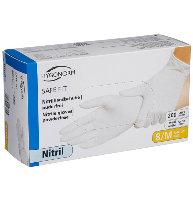 Einweghandschuhe Hygonorm Safe Fit, Nitril, lebensmittelecht, weiß, Größe 8 / M,