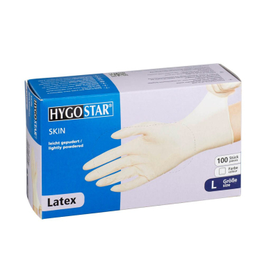 Einweghandschuhe Hygostar Skin, Latex, lebensmittelecht, weiß, Größe 9 / L,